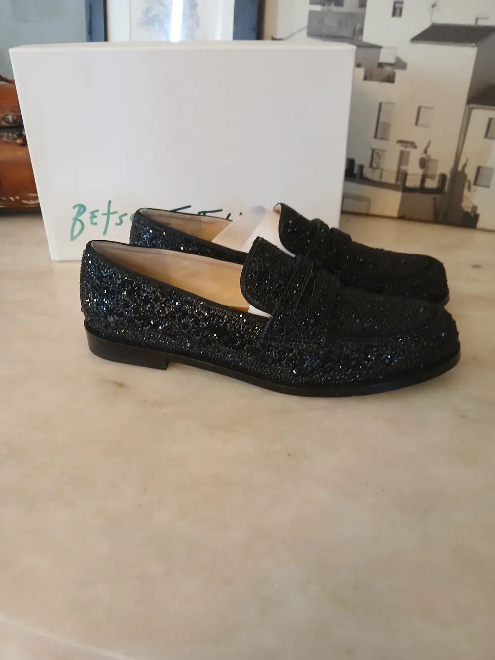 Betsey Johnson Black Glass Penny Loafers 